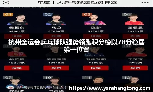 杭州全运会乒乓球队强势领跑积分榜以78分稳居第一位置